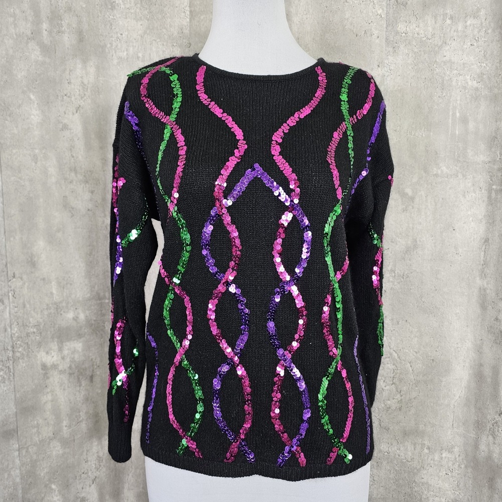 Vintage 80s Karamiz Womens Petite L‎ Black Silk Blend Sweater Sequin Pattern